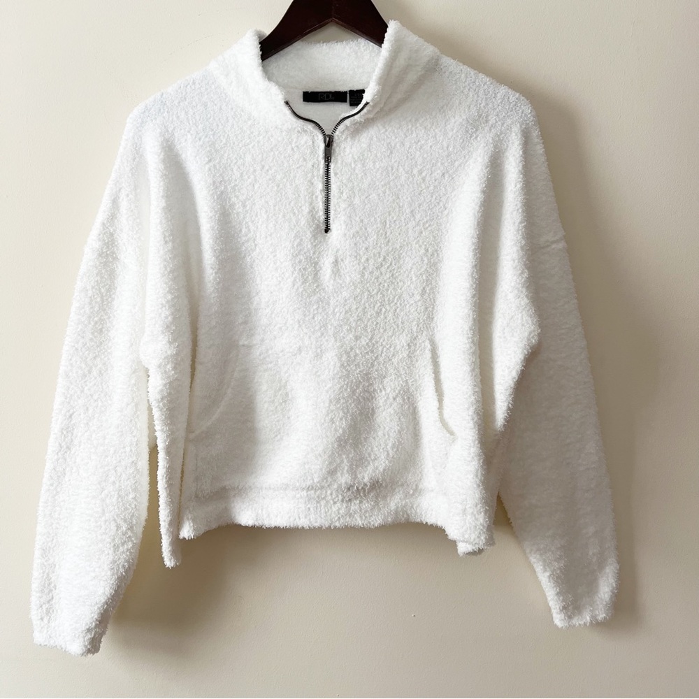 EUC RDI White Fleece 1/4 Zip up Cropped Pullover Sweater Sz L
